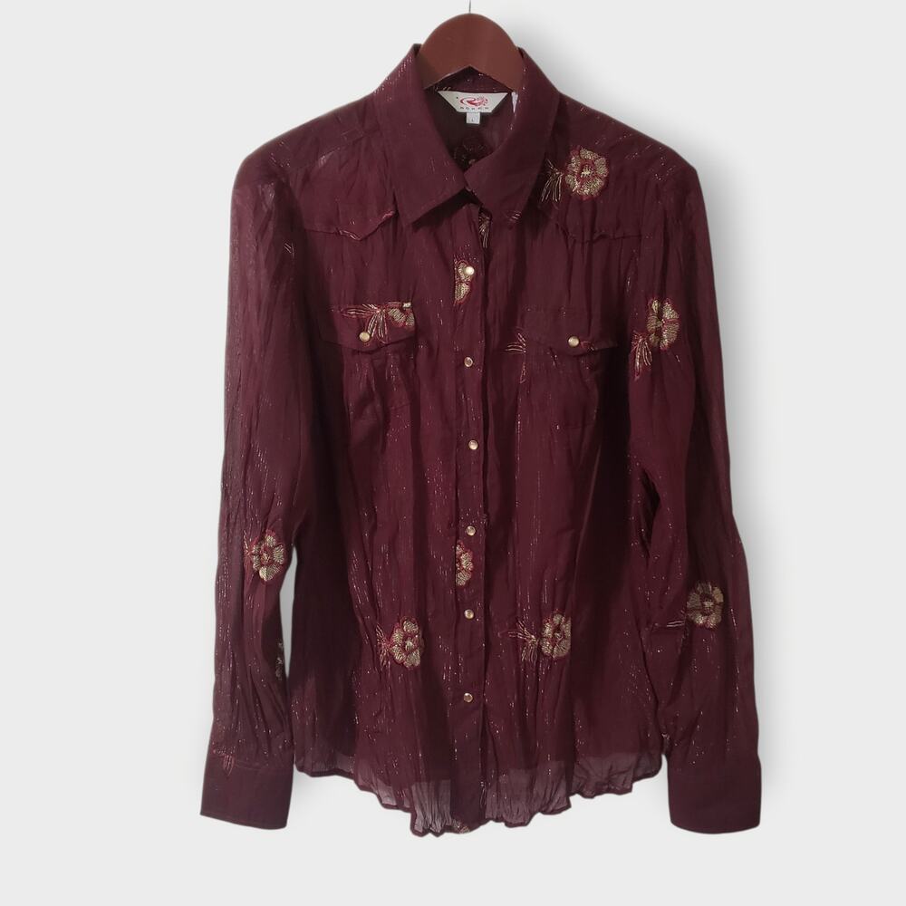 Roper Womens Purple Floral Embroidered Metallic Sheer Pearl Snap Button Shirt Lg
